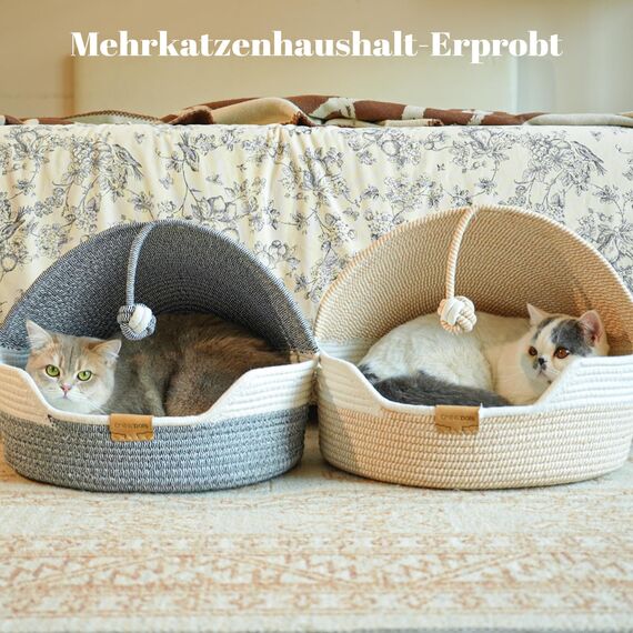 CheerPals Katzenbett Geflochten & Katzenhöhle mit Deckel – Formstabiler Katzenkorb aus Kratzfestem Garn, 2-in-1 Kuschelhöhle mit Waschbarem Kissen für Versteck & Schlaf, 44x44x33cm (Beige/Blau)
