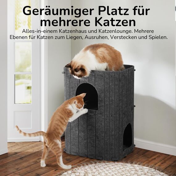 FUKUMARU Katzenhöhle,Stabile Katzenhöhle aus hochwertigem Filz，Katzenhaus Indoor 3 Schicht Katzenbett ，Katzen Höhle zum Schlafen, Spielen und Verstecken，Filzhöhle dunkelgrau，45 x 37 x 60cm，Groß