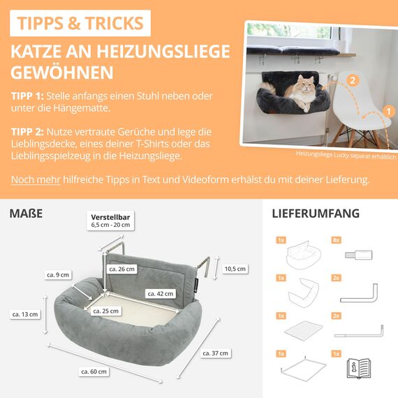 SCHLITZOHR Premium Heizungsliege für Katzen - Murphy - für Katzen bis 12kg - passend für alle Heizkörper - rundum gepolstert - Katzenbett für die Heizung