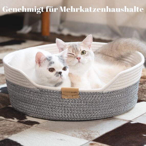 CheerPals Katzenbett mit Kissen, 47cm Waschbar Katzenkorb aus Baumwollseilen geflochten, zum Schlafen für Alle Katze, All Season Universal