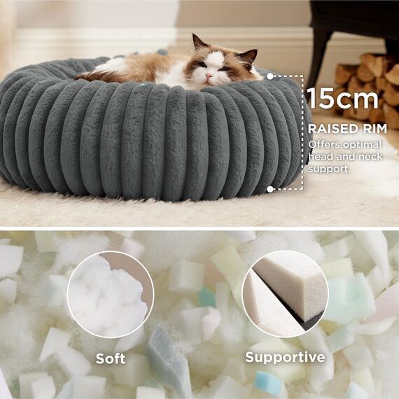 BEDSURE orthopädisches Katzen Bettchen - Flauschiges Donut 51x51x15cm rundes Katzensofa mit waschbarem & abnehmbarem Cord-Fleece-Bezug, rutschfeste Unterseite, dunkelgrau