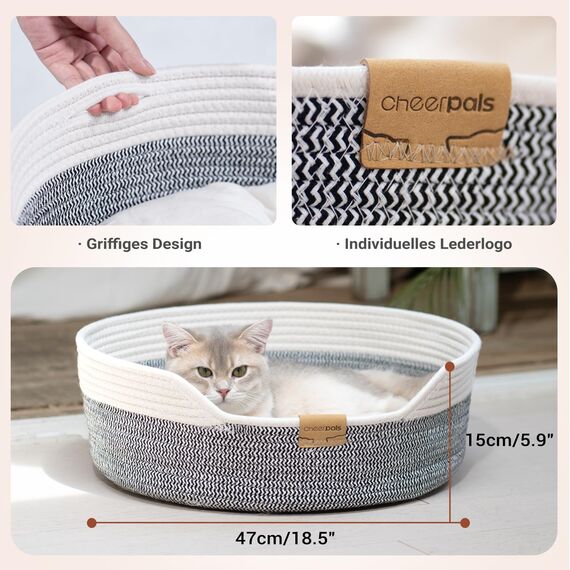 CheerPals Katzenbett mit Kissen, 47cm Waschbar Katzenkorb aus Baumwollseilen geflochten, zum Schlafen für Alle Katze, All Season Universal