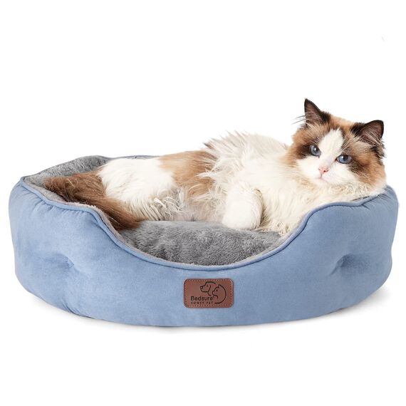 BEDSURE Katzenbett waschbar Katzen Bettchen - 63x53x20cm Katzenbett mit zweiseitig Innenkissen Katzenschlafplatz für Katzen oder kleine Hunde, blau