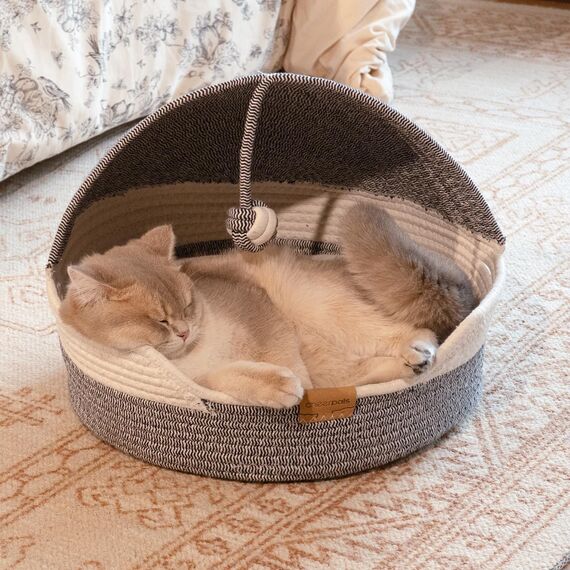 CheerPals Katzenbett Geflochten & Katzenhöhle mit Deckel – Formstabiler Katzenkorb aus Kratzfestem Garn, 2-in-1 Kuschelhöhle mit Waschbarem Kissen für Versteck & Schlaf, 44x44x33cm (Beige/Blau)