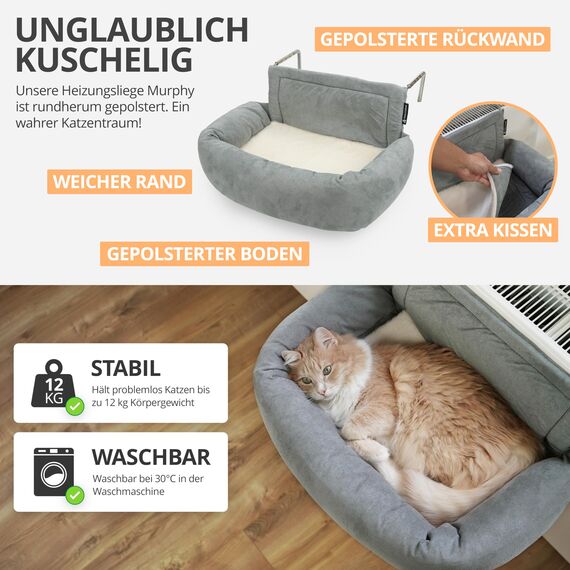 SCHLITZOHR Premium Heizungsliege für Katzen - Murphy - für Katzen bis 12kg - passend für alle Heizkörper - rundum gepolstert - Katzenbett für die Heizung