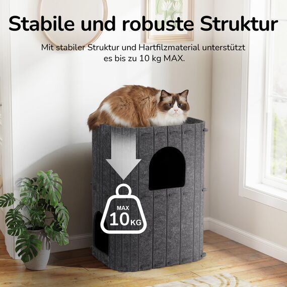 FUKUMARU Katzenhöhle,Stabile Katzenhöhle aus hochwertigem Filz，Katzenhaus Indoor 3 Schicht Katzenbett ，Katzen Höhle zum Schlafen, Spielen und Verstecken，Filzhöhle dunkelgrau，45 x 37 x 60cm，Groß