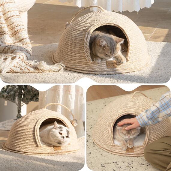 Cheerpals Katzenhöhle & Katzenbett Groß (53cm) – Formstabile Kuschelhöhle Katze aus Robustem Garngeflecht, 2-in-1 Katzenhaus mit Abnehmbarem Deckel & Waschbarem Kissen, Kratzfestes Iglu für Katzen
