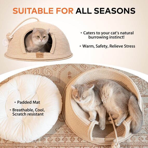 Cheerpals Katzenhöhle & Katzenbett Groß (53cm) – Formstabile Kuschelhöhle Katze aus Robustem Garngeflecht, 2-in-1 Katzenhaus mit Abnehmbarem Deckel & Waschbarem Kissen, Kratzfestes Iglu für Katzen
