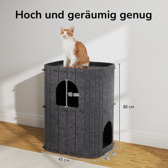 FUKUMARU Katzenhöhle,Stabile Katzenhöhle aus hochwertigem Filz，Katzenhaus Indoor 3 Schicht Katzenbett ，Katzen Höhle zum Schlafen, Spielen und Verstecken，Filzhöhle dunkelgrau，45 x 37 x 60cm，Groß