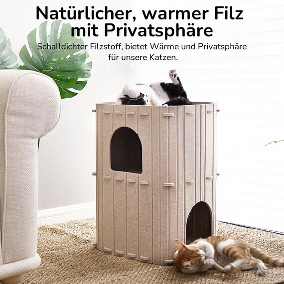 FUKUMARU Katzenhöhle,Stabile Katzenhöhle aus hochwertigem Filz，Katzenhaus Indoor 3 Schicht Katzenbett ，Katzen Höhle zum Schlafen, Spielen und Verstecken，Filzhöhle beige，45 x 37 x 60cm，Groß