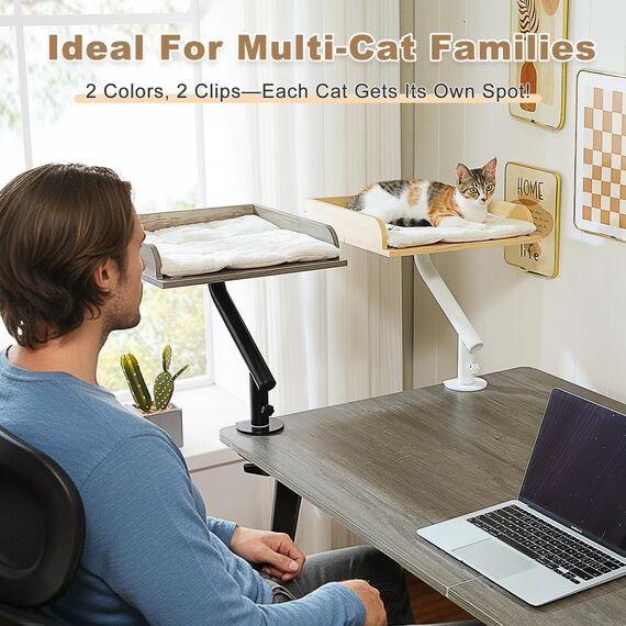 PAWZ Road Katzenbett für Schreibtisch, Holz-Katzenbett für drinnen, Katzenkorb, 360° drehbar & höhenverstellbar, Katzen Hängematte für Kratzen, unterstützt bis zu 23kg, Grau