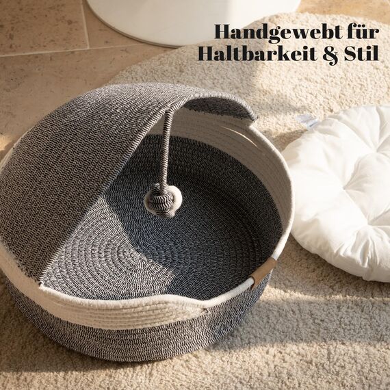 CheerPals Katzenbett Geflochten & Katzenhöhle mit Deckel – Formstabiler Katzenkorb aus Kratzfestem Garn, 2-in-1 Kuschelhöhle mit Waschbarem Kissen für Versteck & Schlaf, 44x44x33cm (Beige/Blau)