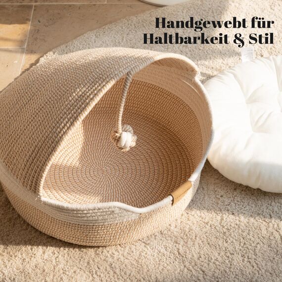 CheerPals Katzenbett Geflochten & Katzenhöhle mit Deckel – Formstabiler Katzenkorb aus Kratzfestem Garn, 2-in-1 Kuschelhöhle mit Waschbarem Kissen für Versteck & Schlaf, 44x44x33cm (Beige/Blau)