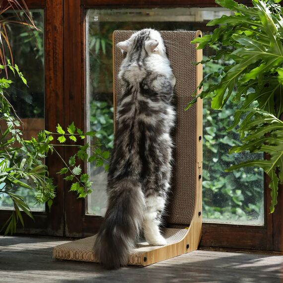 FUKUMARU Kratzbrett Katzen, 68 cm hohe L förmige Kratzpappe für Katzen, widerstandsfähig Katzenkratzbrett mit Ballspielzeug, Kratzmöbel aus hochwertiger Karton für Wand und Ecke, Groß