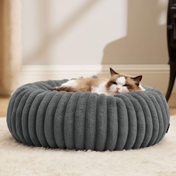 BEDSURE orthopädisches Katzen Bettchen - Flauschiges Donut 51x51x15cm rundes Katzensofa mit waschbarem & abnehmbarem Cord-Fleece-Bezug, rutschfeste Unterseite, dunkelgrau
