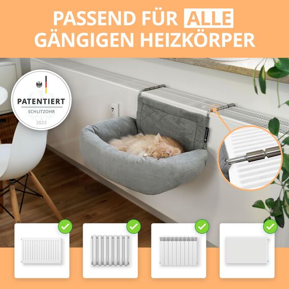 SCHLITZOHR Premium Heizungsliege für Katzen - Murphy - für Katzen bis 12kg - passend für alle Heizkörper - rundum gepolstert - Katzenbett für die Heizung