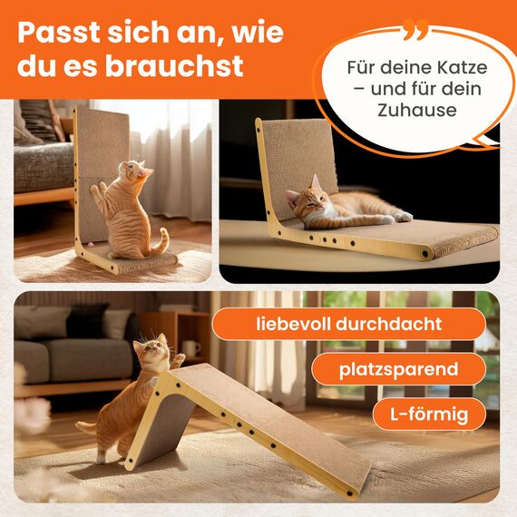 VANEJA® XXL Kratzbrett Katze 70 cm L-förmige Kratzpappe mit Ballspielzeug und Katzenminze, widerstandsfähiges Katzenkratzbrett für Wand Ecke, hochwertiges Kratzmöbel aus Karton