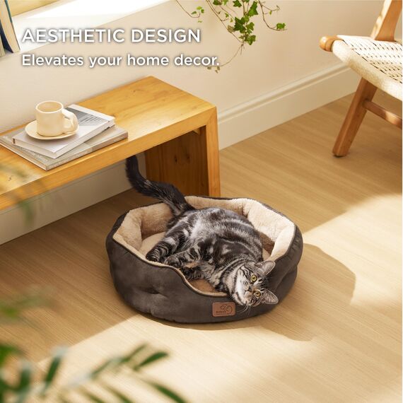 BEDSURE Katzenbett waschbar Katzen Bettchen - 51x48x15cm Katzenbett mit zweiseitig Innenkissen Katzenschlafplatz für Katzen oder kleine Hunde, Braun