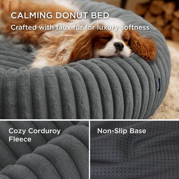BEDSURE orthopädisches Katzen Bettchen - Flauschiges Donut 51x51x15cm rundes Katzensofa mit waschbarem & abnehmbarem Cord-Fleece-Bezug, rutschfeste Unterseite, dunkelgrau