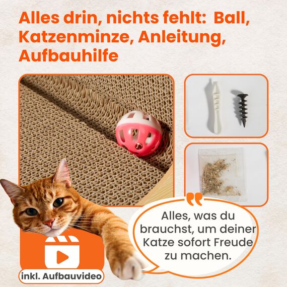 VANEJA® XXL Kratzbrett Katze 70 cm L-förmige Kratzpappe mit Ballspielzeug und Katzenminze, widerstandsfähiges Katzenkratzbrett für Wand Ecke, hochwertiges Kratzmöbel aus Karton
