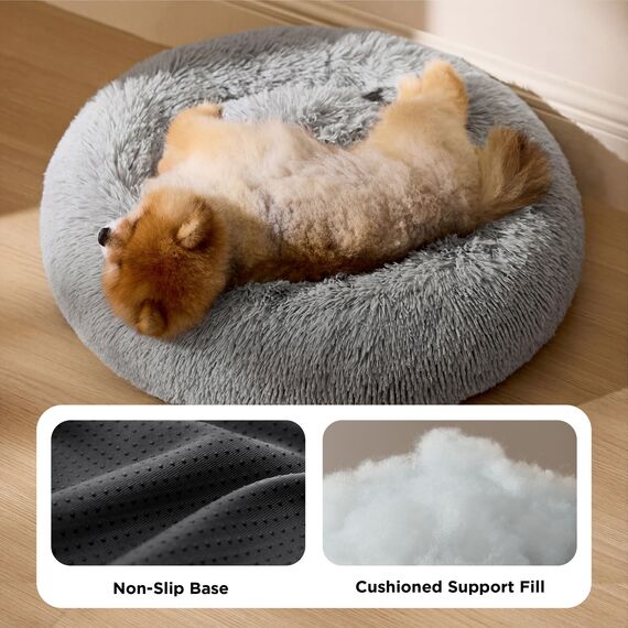 BEDSURE Hundebett waschbar Flauschiges Katzenbett - Ø 60 cm Katzenschlafplatz für Katzen und kleine Hunde, plüsch Katzenkissen rund Kuschelbett, Hellgrau