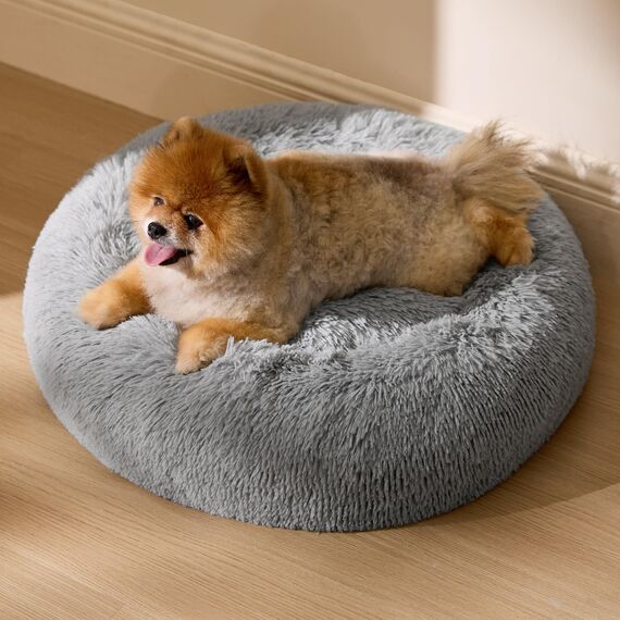 BEDSURE Hundebett waschbar Flauschiges Katzenbett - Ø 60 cm Katzenschlafplatz für Katzen und kleine Hunde, plüsch Katzenkissen rund Kuschelbett, Hellgrau