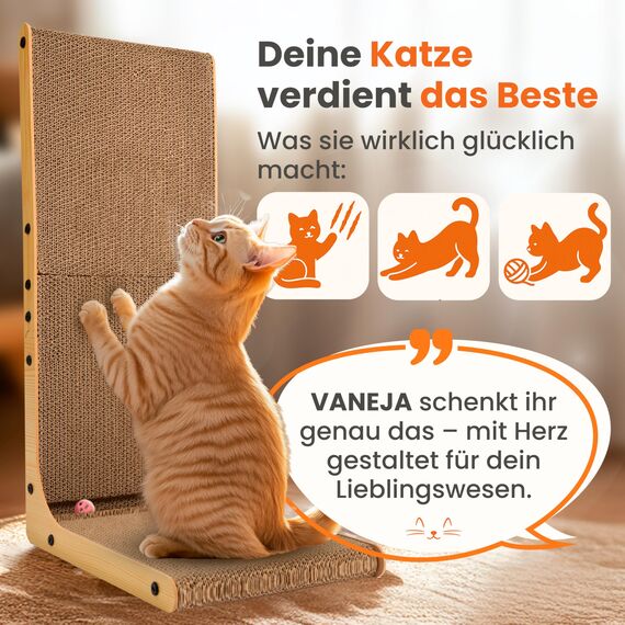VANEJA® XXL Kratzbrett Katze 70 cm L-förmige Kratzpappe mit Ballspielzeug und Katzenminze, widerstandsfähiges Katzenkratzbrett für Wand Ecke, hochwertiges Kratzmöbel aus Karton