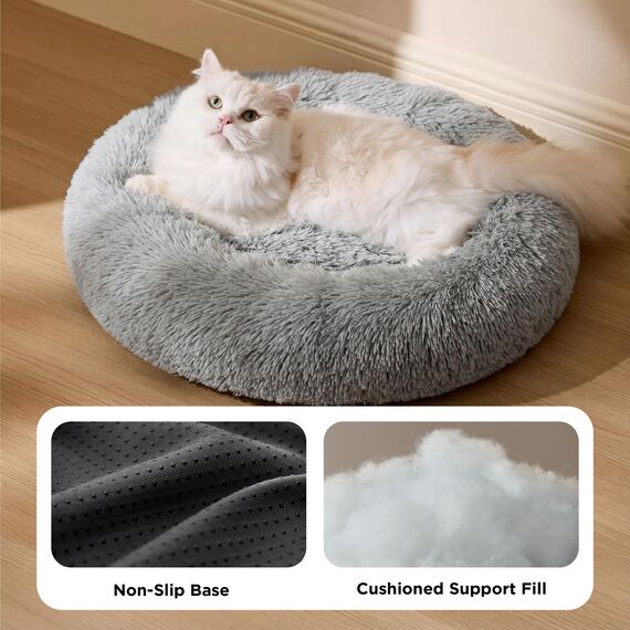 BEDSURE Katzenbett waschbar Flauschiges Hundebett - Ø 50 cm Rund Kissen, Katzenschlafplatz für Katzen Kleine Mittelgroße Hunde, Plüsch Katzenkissen Rund Kuschelbett Katzen Bettchen, Hellgrau