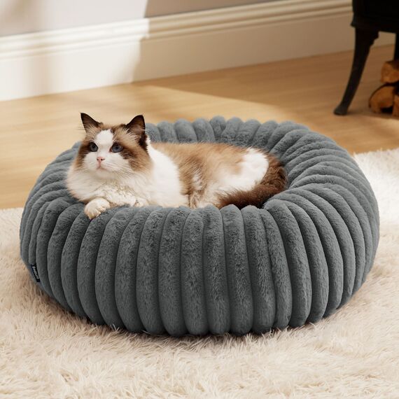BEDSURE orthopädisches Katzen Bettchen - Flauschiges Donut 51x51x15cm rundes Katzensofa mit waschbarem & abnehmbarem Cord-Fleece-Bezug, rutschfeste Unterseite, dunkelgrau