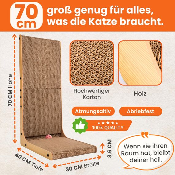 VANEJA® XXL Kratzbrett Katze 70 cm L-förmige Kratzpappe mit Ballspielzeug und Katzenminze, widerstandsfähiges Katzenkratzbrett für Wand Ecke, hochwertiges Kratzmöbel aus Karton