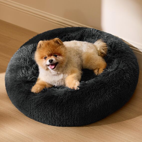 BEDSURE Hundebett waschbar Flauschiges Katzenbett - Ø 60 cm Katzenschlafplatz für Katzen und kleine Hunde, plüsch Katzenkissen rund Kuschelbett, Dunkelgrau