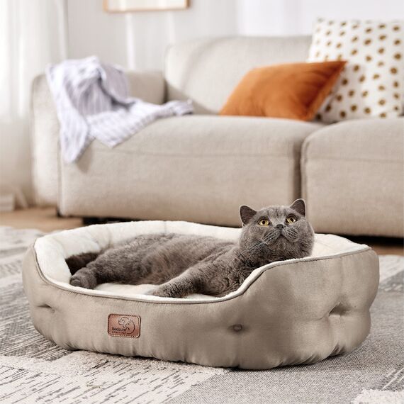 BEDSURE Katzenbett waschbar Katzen Bettchen - 63x53x20cm Katzenkorb mit Zweiseitig Innenkissen Katzenschlafplatz für Katzen oder kleine Hunde, Kamel