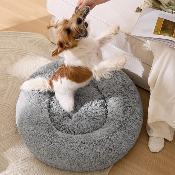 BEDSURE Hundebett waschbar Flauschiges Katzenbett - Ø 70 cm Katzenschlafplatz für Katzen und Hunde, plüsch Katzenkissen rund Kuschelbett, Hellgrau