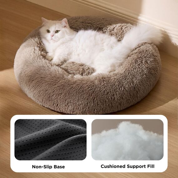 BEDSURE Katzenbett waschbar Flauschiges Hundebett - Ø 50 cm Rund Kissen, Katzenschlafplatz für Katzen Kleine Mittelgroße Hunde, Plüsch Katzenkissen Rund Kuschelbett Katzen Bettchen, Kamel