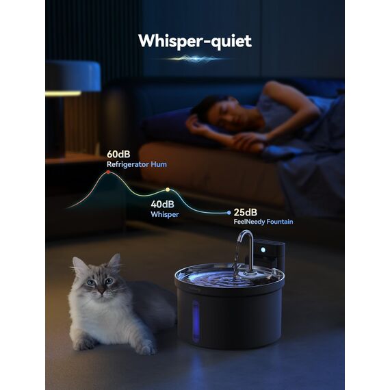 Katzenbrunnen Kabellos 3,5L-FEELNEEDY Trinkbrunnen für Katze mit Bewegungssensor-Batteriebetrieben Wasserbrunnen-4000 mAh Akkukapazität-304 Edelstahl Wasserschale-Pumpe Leise-mit 3 Filter-Schwarz