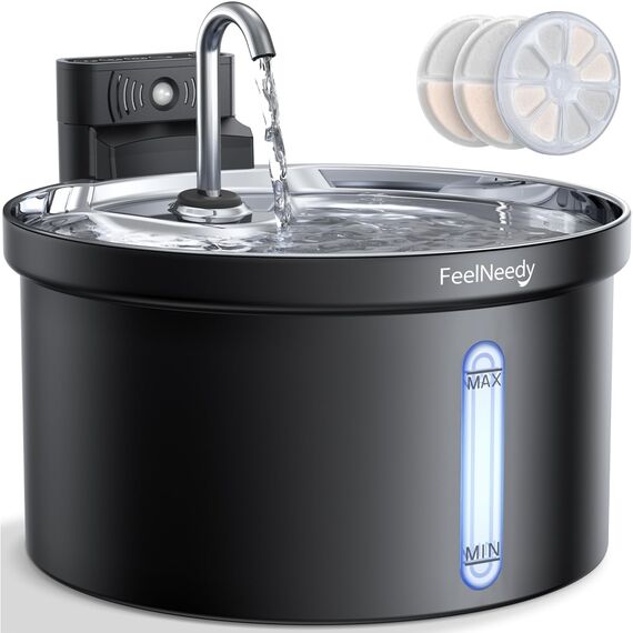 Katzenbrunnen Kabellos 3,5L-FEELNEEDY Trinkbrunnen für Katze mit Bewegungssensor-Batteriebetrieben Wasserbrunnen-4000 mAh Akkukapazität-304 Edelstahl Wasserschale-Pumpe Leise-mit 3 Filter-Schwarz