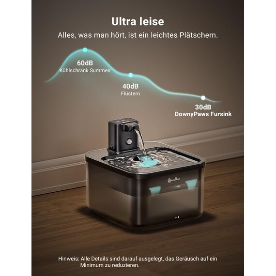 DownyPaws 2.5L Trinkbrunnen für Katze Kabellos, Katzenbrunnen Kabellos mit Bewegungsmelder und Batteriebetrieben, 4000mAh, Leise Wasserpumpe, Tablett aus Edelstahl für Katze, Schwarz mit 6 Filters