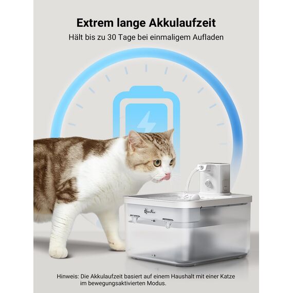Katzenbrunnen Kabellos, Trinkbrunnen für Katze Kabellos mit Bewegungsmelder, DownyPaws 2.5L Batteriebetrieben Katzentrinkbrunnen, 4000mAh, Leise Ohne Strom, Automatisch Wasserspender Katzen, Weiß