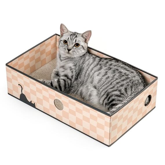 Conlun Katzen Kratzbrett mit Box, Großes Kratzmöbel, Beidseitige Kratzpappe für Katzen, Interaktive Öffnungen, Kratzbett für Wohnungskatzen, mit Katzenminze (1 Stück, Groß, Kariert)