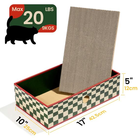Conlun Katzen Kratzbrett mit Box, Großes Kratzmöbel, Beidseitige Kratzpappe für Katzen, Interaktive Öffnungen, Kratzbett für Wohnungskatzen, mit Katzenminze (1 Stück, Groß, Grün Kariert)