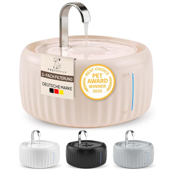 PrettyPaw Katzenbrunnen - Super leiser, BPA-freier 3L Trinkbrunnen für Katze mit LED und Aktivkohlefilter - Leicht zu reinigender Katzen Trinkbrunnen - Aqua Flow (Beige)
