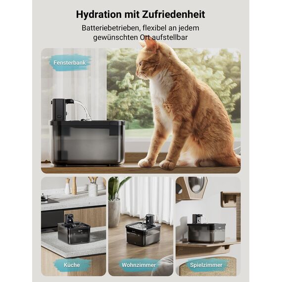 Katzenbrunnen Kabellos, Trinkbrunnen für Katze Kabellos mit Bewegungsmelder, DownyPaws 2.5L Batteriebetrieben Katzentrinkbrunnen, 4000mAh, Leise Ohne Strom, Automatisch Wasserspender Katzen, Weiß