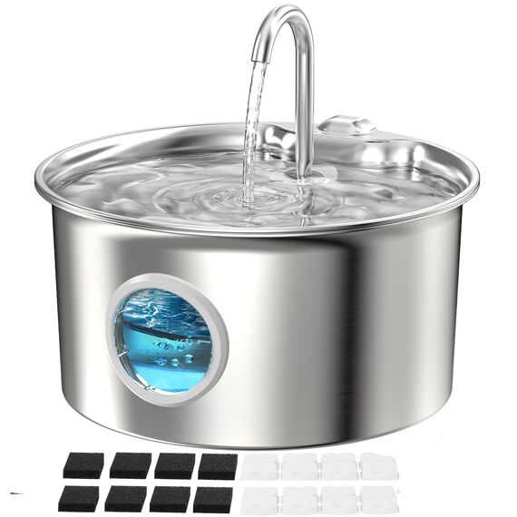 Katzenbrunnen Edelstahl Trinkbrunnen Katze: 2.6L Katzen Wasserbrunnen Leise mit Wasserstandsfenster - Automatic Katzen Brunnen Metall mit Led Licht - Angebot 8 Aktivkohlefilter Filter + 8 Sponges