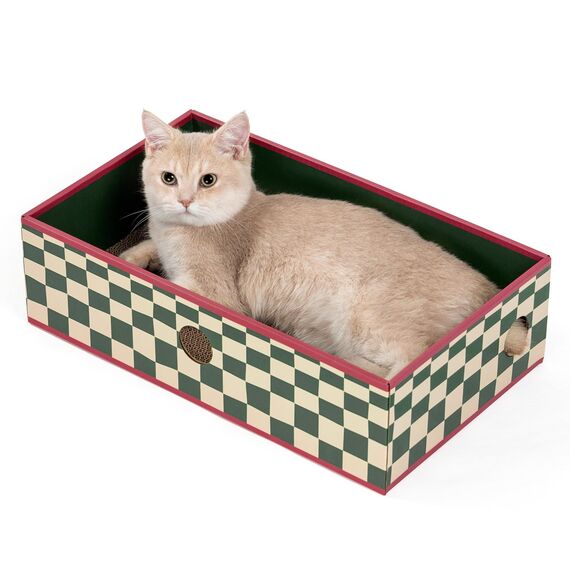 Conlun Katzen Kratzbrett mit Box, Großes Kratzmöbel, Beidseitige Kratzpappe für Katzen, Interaktive Öffnungen, Kratzbett für Wohnungskatzen, mit Katzenminze (1 Stück, Groß, Grün Kariert)