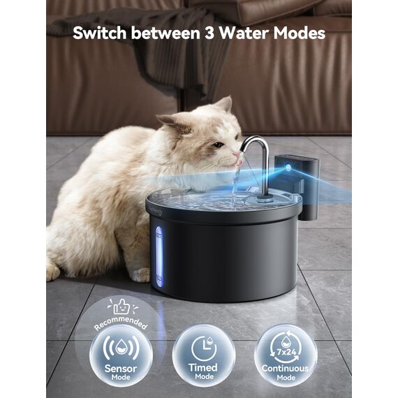 Katzenbrunnen Kabellos 3,5L-FEELNEEDY Trinkbrunnen für Katze mit Bewegungssensor-Batteriebetrieben Wasserbrunnen-4000 mAh Akkukapazität-304 Edelstahl Wasserschale-Pumpe Leise-mit 3 Filter-Schwarz