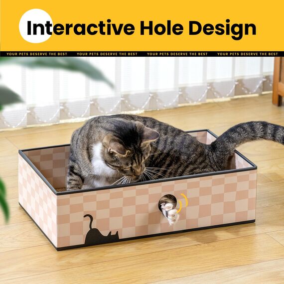 Conlun Kratzbrett Katze mit Box, Langlebige Kratzpappe für Katzen, Beidseitig Nutzbar, Interaktive Öffnungen, Sauberes Kratzmöbel für Wohnungskatzen (1 Stück, Mittel, Kariert)