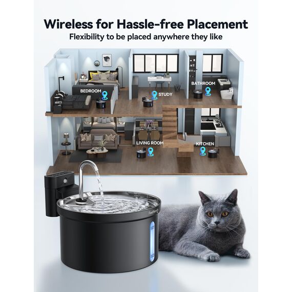 Katzenbrunnen Kabellos 3,5L-FEELNEEDY Trinkbrunnen für Katze mit Bewegungssensor-Batteriebetrieben Wasserbrunnen-4000 mAh Akkukapazität-304 Edelstahl Wasserschale-Pumpe Leise-mit 3 Filter-Schwarz