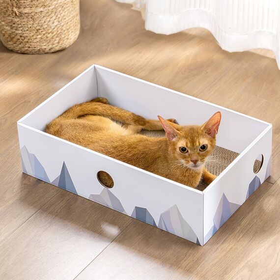 Conlun Katzen Kratzbrett mit Box, Großes Kratzmöbel, Beidseitige Kratzpappe für Katzen, Interaktive Öffnungen, Kratzbett für Wohnungskatzen, mit Katzenminze (1 Stück, Extra Groß, Weiß)
