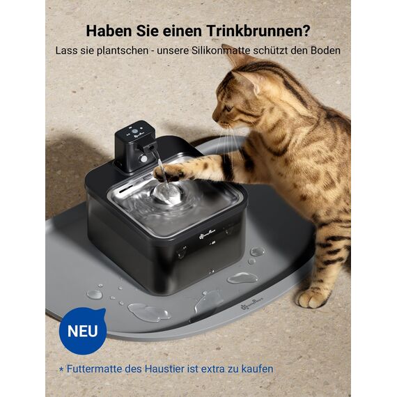 DownyPaws 2.5L Trinkbrunnen für Katze Kabellos, Katzenbrunnen Kabellos mit Bewegungsmelder und Batteriebetrieben, 4000mAh, Leise Wasserpumpe, Tablett aus Edelstahl für Katze, Schwarz mit 6 Filters