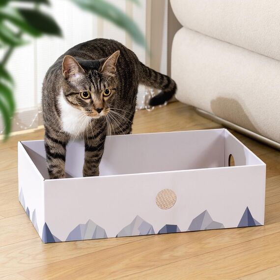Conlun Katzen Kratzbrett mit Box, Großes Kratzmöbel, Beidseitige Kratzpappe für Katzen, Interaktive Öffnungen, Kratzbett für Wohnungskatzen, mit Katzenminze (1 Stück, Groß, Weiß)